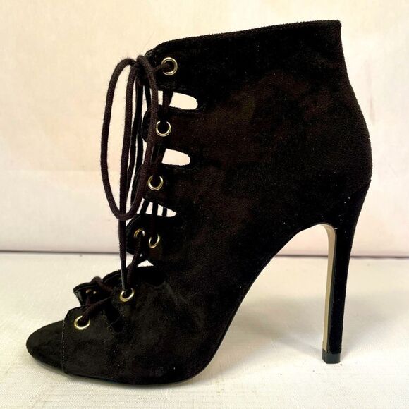 Black Faux Suede Lace Up Peep Toe Heels - Picture 1 of 4